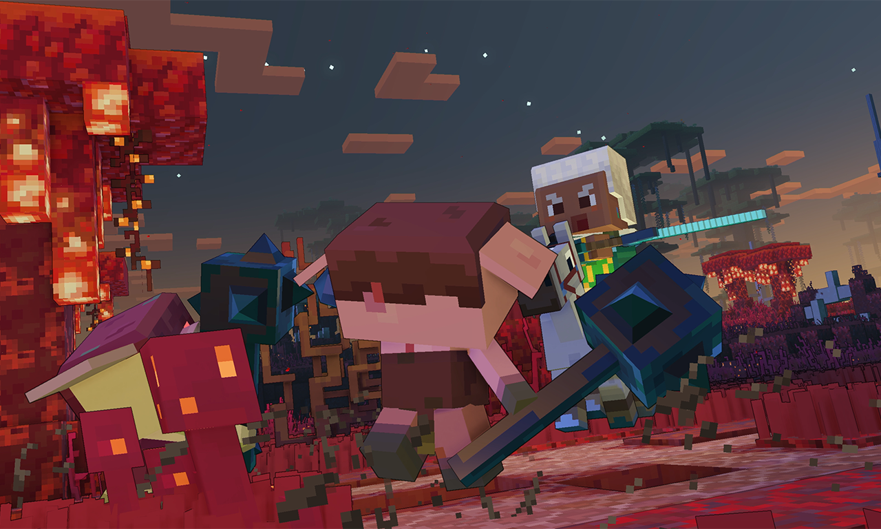 一個 Minecraft 角色正在制伏 Piglin 敵人